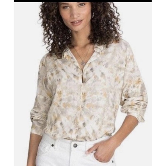 Johnny Was Calme Womens Oversized Button Up Rayon Blouse Tan Cream Floral Sz XL - Picture 1 of 12
